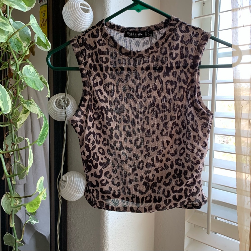 NASTYGAL leonard-print high-neck cropped mesh tank top